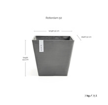 Ecopots Rotterdam 50 kvadratisk planteringskärl. Mått: längd 50 centimeter, djup 50 centimeter, höjd 43,5 centimeter. Volym 75 liter, vikt 7 kilogram.
