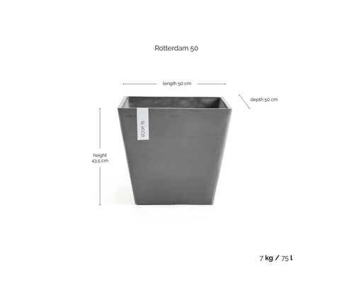 Ecopots Rotterdam 50 kvadratisk planteringskärl. Mått: längd 50 centimeter, djup 50 centimeter, höjd 43,5 centimeter. Volym 75 liter, vikt 7 kilogram.