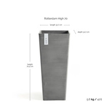 Hög kvadratisk planteringskärl Ecopots Rotterdam High 70 med en höjd på 70,5 centimeter samt längd och djup på 32,7 centimeter.