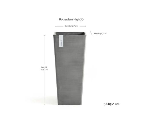 Hög kvadratisk planteringskärl Ecopots Rotterdam High 70 med en höjd på 70,5 centimeter samt längd och djup på 32,7 centimeter.