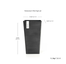 Ecopots Rotterdam Mid High 56 blomkruka: höjd 56,5 centimeter, längd 32,7 centimeter, djup 32,7 centimeter, volym 36,2 liter.