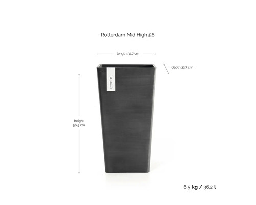 Ecopots Rotterdam Mid High 56 blomkruka: höjd 56,5 centimeter, längd 32,7 centimeter, djup 32,7 centimeter, volym 36,2 liter.