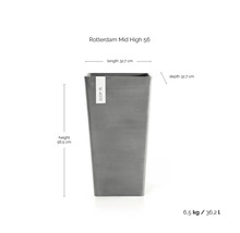 Grå kruka Ecopots Rotterdam Mid High 56 med mått: höjd 56,5 centimeter, längd 32,7 centimeter och djup 32,7 centimeter.