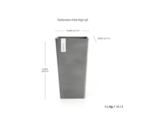 Grå kruka Ecopots Rotterdam Mid High 56 med mått: höjd 56,5 centimeter, längd 32,7 centimeter och djup 32,7 centimeter.