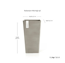 Ecopots Rotterdam Mid High 56 planteringskärl: höjd 56,5 centimeter, längd 32,7 centimeter, djup 32,7 centimeter, volym 36,2 liter.