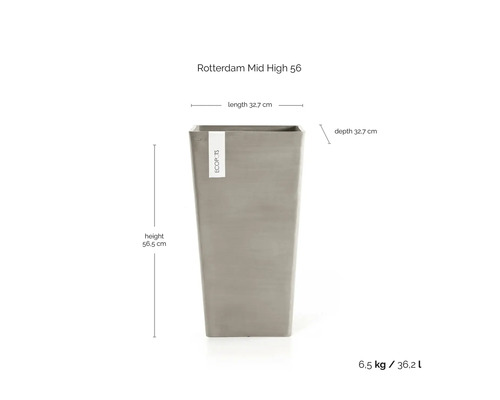 Ecopots Rotterdam Mid High 56 planteringskärl: höjd 56,5 centimeter, längd 32,7 centimeter, djup 32,7 centimeter, volym 36,2 liter.