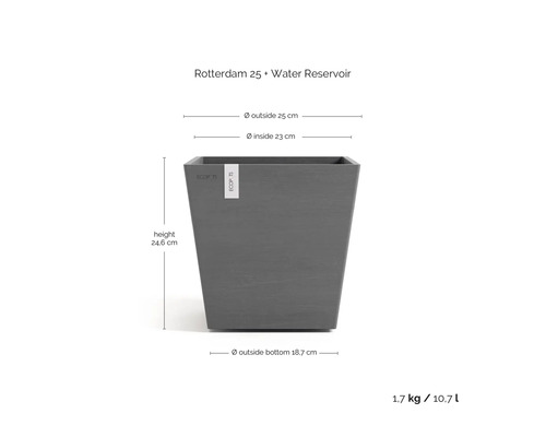 Fyrkantig grå blomkruka Ecopots Rotterdam 25 med vattenreservoar, höjd 24,6 centimeter, bredd 25 centimeter, volym 10,7 liter.