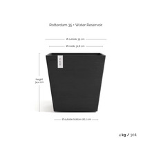 Kvadratisk blomkruka Ecopots Rotterdam 35 med vattenreservoar, höjd 34.4 centimeter, bredd 35 centimeter, volym 30 liter.