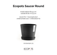 Ecopots runt fat för blomkruka Amsterdam 20, ytterdiameter 18 centimeter, höjd 2,5 centimeter.