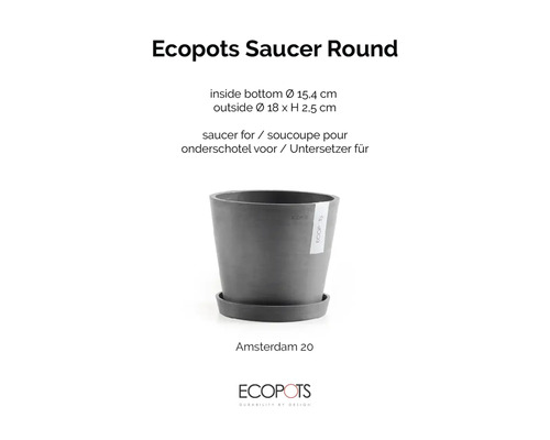 Ecopots grått runt krukfat för blomkruka Amsterdam 20, plast, ytterdiameter 18 centimeter, höjd 2,5 centimeter.