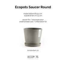 Runt grått fat Ecopots Saucer Round för Amsterdam 20, ytterdiameter 18 centimeter, höjd 2,5 centimeter. Ecopots Logo.