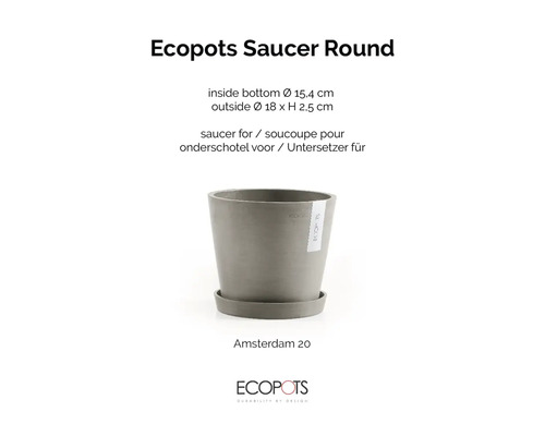 Runt grått fat Ecopots Saucer Round för Amsterdam 20, ytterdiameter 18 centimeter, höjd 2,5 centimeter. Ecopots Logo.