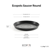 Ecopots runt fat för blomkrukor med en ytterdiameter på 28,7 centimeter och en höjd på 3 centimeter.