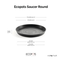 Ecopots runt fat för blomkrukor med mått: höjd 3,5 centimeter, ytterdiameter 44,5 centimeter.