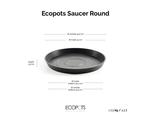 Ecopots runt fat för blomkrukor med mått: höjd 3,5 centimeter, ytterdiameter 44,5 centimeter.