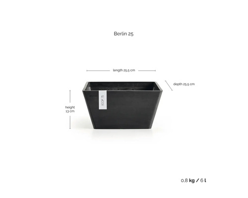 Kvadratisk antracitgrå blomkruka Ecopots Berlin 25, längd 25,5 centimeter, djup 25,5 centimeter, höjd 13 centimeter, volym 6 liter.