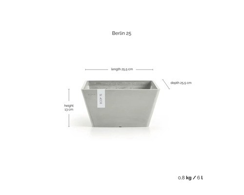 Blomkruka Berlin 25: längd 25,5 centimeter, djup 25,5 centimeter, höjd 13 centimeter, 0,8 kilogram, 6 liter.