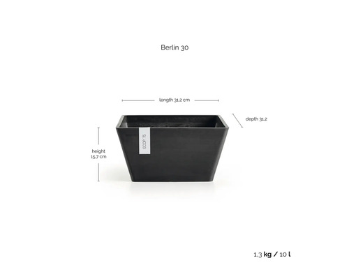 Svart kvadratisk blomkruka Ecopots Berlin 30, längd 31,2 centimeter, djup 31,2 centimeter, höjd 15,7 centimeter, volym 10 liter.