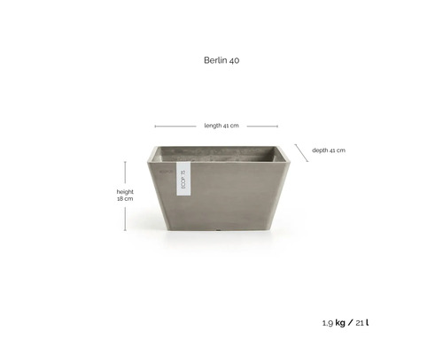 Ecopots Berlin 40 blomkruka, längd 41 centimeter, djup 41 centimeter, höjd 18 centimeter, volym 21 liter, vikt 1,9 kilogram.