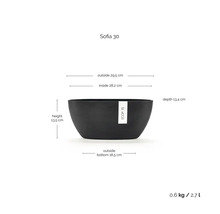 Ecopots Sofia 30 planteringsskål med mått: höjd 13,5 centimeter, bredd 29,5 centimeter, djup 13,4 centimeter och volym 2,7 liter.