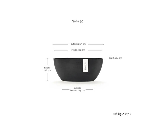Ecopots Sofia 30 planteringsskål med mått: höjd 13,5 centimeter, bredd 29,5 centimeter, djup 13,4 centimeter och volym 2,7 liter.