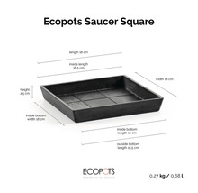 Fyrkantigt krukfat från Ecopots med mått: höjd 2,5 centimeter, längd 18 centimeter, bredd 18 centimeter, vikt 0,27 kilogram.