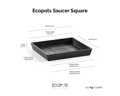 Fyrkantigt krukfat från Ecopots med mått: höjd 2,5 centimeter, längd 18 centimeter, bredd 18 centimeter, vikt 0,27 kilogram.