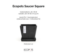 Kvadratiskt fat från Ecopots för blomkrukan Rotterdam 20 och Ecopots Logo.
