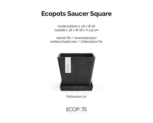 Kvadratiskt fat från Ecopots för blomkrukan Rotterdam 20 och Ecopots Logo.