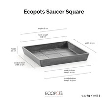 Kvadratiskt Ecopots-fat Saucer Square med måtten 18 gånger 18 gånger 2,5 centimeter.