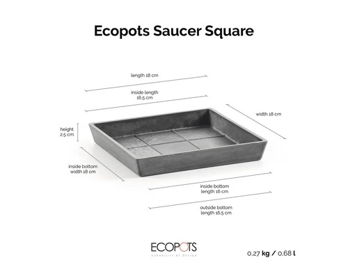 Kvadratiskt Ecopots-fat Saucer Square med måtten 18 gånger 18 gånger 2,5 centimeter.