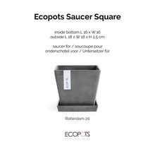Kvadratiskt fat Ecopots för Rotterdam 20, innermått 16 gånger 16 centimeter, yttermått 18 gånger 18 gånger 2,5 centimeter, plast. Ecopots Logo.