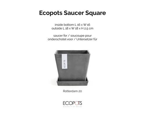 Kvadratiskt fat Ecopots för Rotterdam 20, innermått 16 gånger 16 centimeter, yttermått 18 gånger 18 gånger 2,5 centimeter, plast. Ecopots Logo.