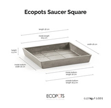 Fyrkantigt krukfat Ecopots Saucer Square med mått: längd 18 centimeter, bredd 18 centimeter, höjd 2,5 centimeter.
