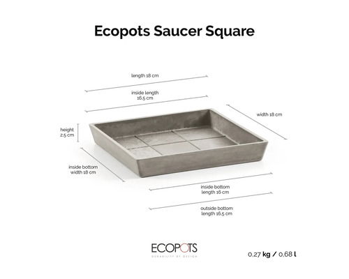 Fyrkantigt krukfat Ecopots Saucer Square med mått: längd 18 centimeter, bredd 18 centimeter, höjd 2,5 centimeter.
