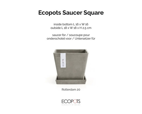 Ecopots Saucer Square kvadratiskt fat för Rotterdam 20 blomkruka av återvunnen plast 18 gånger 18 gånger 2,5 centimeter Ecopots Logo.