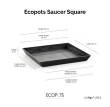 Ecopots Saucer Square krukfat med mått: 28 gånger 28 gånger 3 centimeter, innermått 26 centimeter, vikt 0,5 kilogram, volym 1,65 liter.