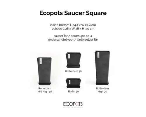 Ecopots Saucer Square, kvadratiskt fat för blomkrukor Rotterdam och Berlin, mått cirka 28 gånger 28 gånger 3 centimeter. Ecopots Logo.