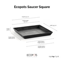 Fyrkantigt fat Ecopots Saucer Square, 35,5 gånger 35,5 gånger 3,5 centimeter, volym 3,2 liter, vikt 0,92 kilogram.