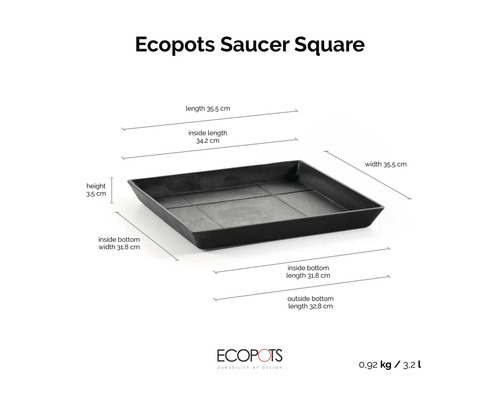 Fyrkantigt fat Ecopots Saucer Square, 35,5 gånger 35,5 gånger 3,5 centimeter, volym 3,2 liter, vikt 0,92 kilogram.