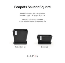 Svart fyrkantigt Ecopots krukfat för Rotterdam 40 och Berlin 40, insida 31,8 gånger 31,8 centimeter, utsida 35,5 gånger 35,5 gånger 3,5 centimeter.