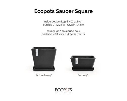 Svart fyrkantigt Ecopots krukfat för Rotterdam 40 och Berlin 40, insida 31,8 gånger 31,8 centimeter, utsida 35,5 gånger 35,5 gånger 3,5 centimeter.