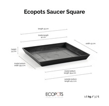 Kvadratiskt fat med måtten 43 gånger 43 centimeter, höjd 3,5 centimeter, vikt 1,6 kilogram, volym 3,7 liter. Ecopots Logo.