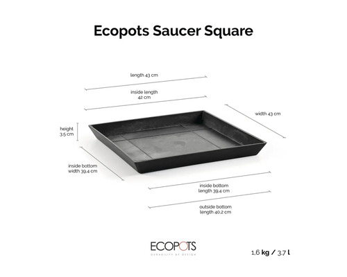 Kvadratiskt fat med måtten 43 gånger 43 centimeter, höjd 3,5 centimeter, vikt 1,6 kilogram, volym 3,7 liter. Ecopots Logo.