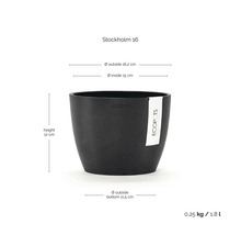 Svart Ecopots Stockholm 16 blomkruka med mått höjd 12 centimeter ytterdiameter 16,2 centimeter volym 1,8 liter