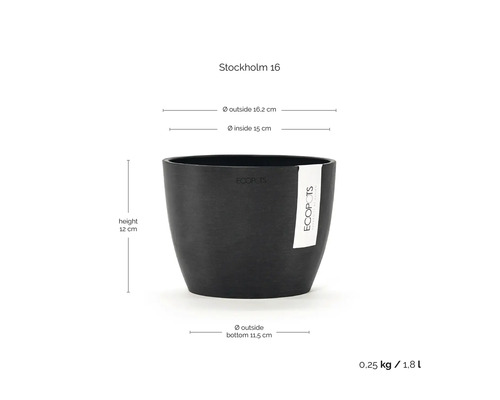 Svart Ecopots Stockholm 16 blomkruka med mått höjd 12 centimeter ytterdiameter 16,2 centimeter volym 1,8 liter