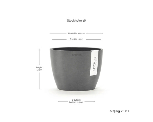 Ecopots Stockholm 16 blomkruka med mått: höjd 12 centimeter, ytterdiameter 16,2 centimeter, innerdiameter 15 centimeter, volym 1,8 liter.
