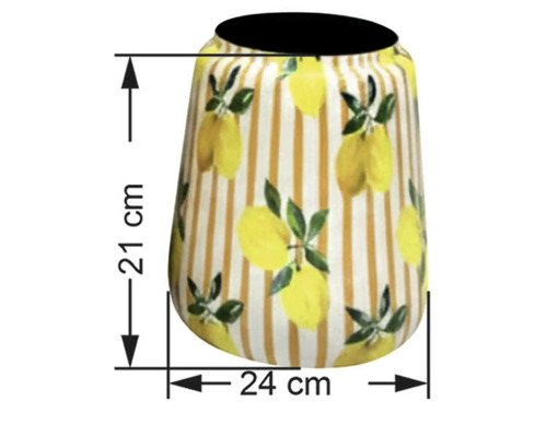 Mått på en blomkruka med citronmönster, höjd 21 cm, diameter 24 cm