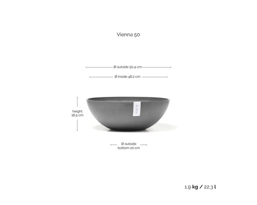 Grå Ecopots planteringsskål Vienna 50: diameter 50,4 centimeter, höjd 18,5 centimeter, volym 22,3 liter, vikt 1,9 kilogram.