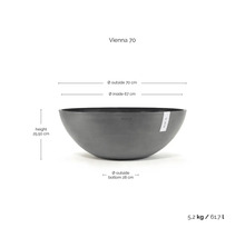 Planteringsskål Ecopots Vienna 70 med mått: höjd 25,50 centimeter, ytterdiameter 70 centimeter och volym 61,7 liter.